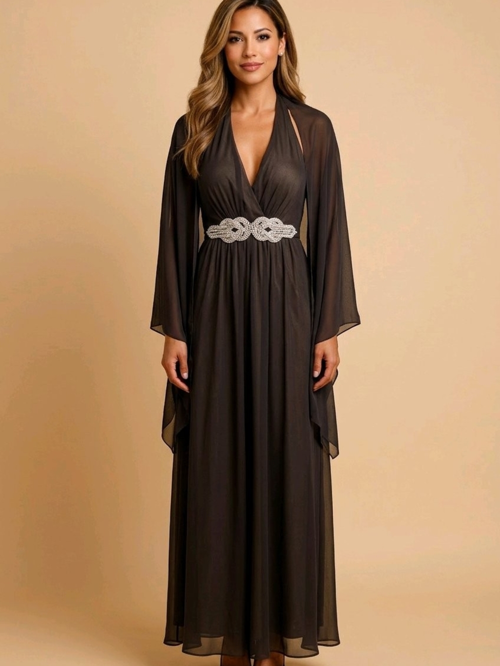 Elegant Dark Brown Evening Gown with Embellished Waist